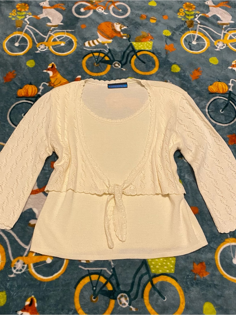 Vintage 90s Spunky USA Cream Cardigan Top 2-in-1 Pointelle Tie Front Women’s L